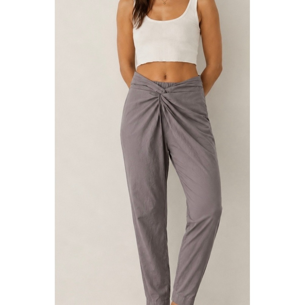 Free People Twisted Front Tapered Pant Small Taupe Gray Cotton Linen Boho Earthy